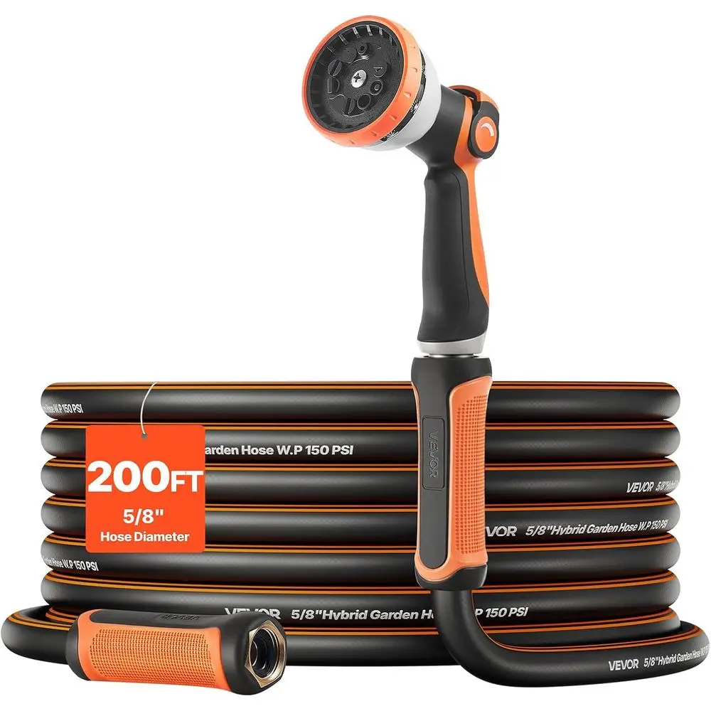 

Garden Hose, 200 t 5/8" Heavy Duty Rubber Water Hose with 10 e Nozzle, 150PSI Working & 600PSI Burst, lexible & Non-kink Outdoor