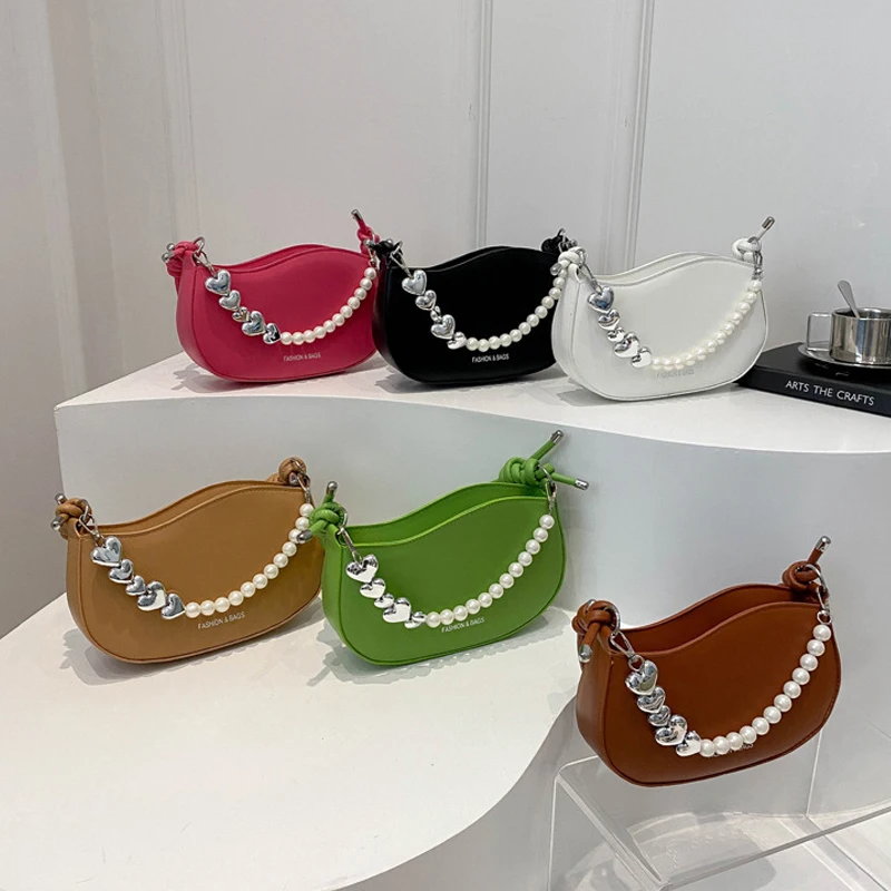 

Ladies' Shoulder Bags Korean Solid Color Simple Pearl Heart Fashionable Versatile Crossbody Bags Portable High-quality Handbags