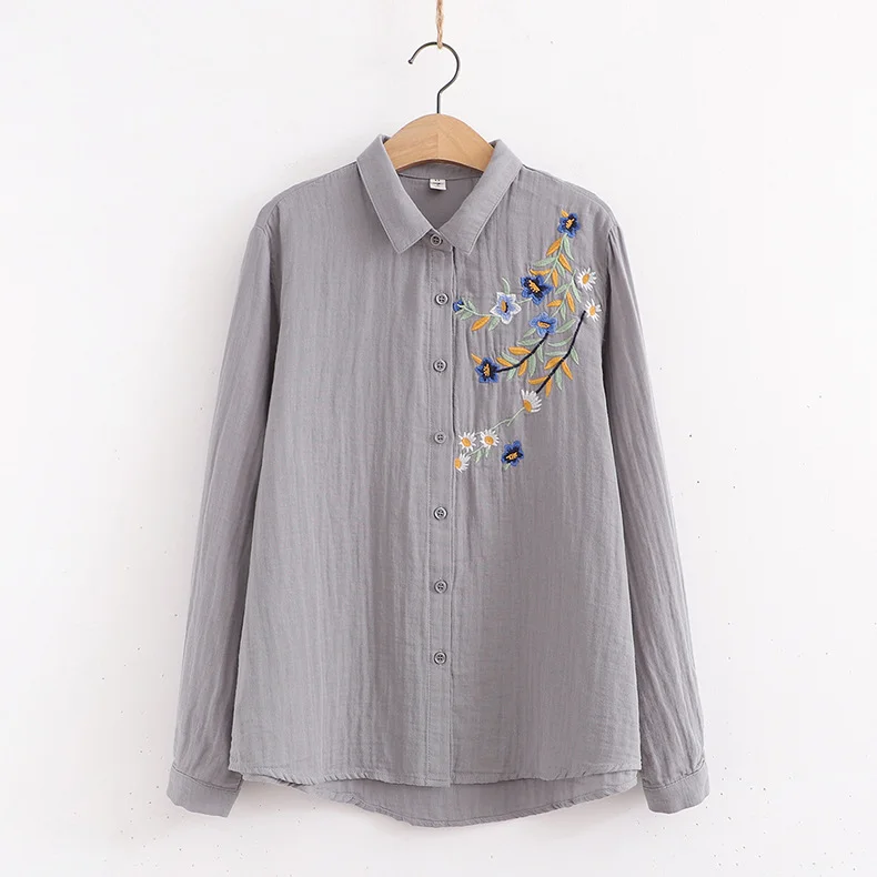 Long sleeve blouses for women Japan style white grey shirts with embroider mori kei autumn spring basic shirts tops female