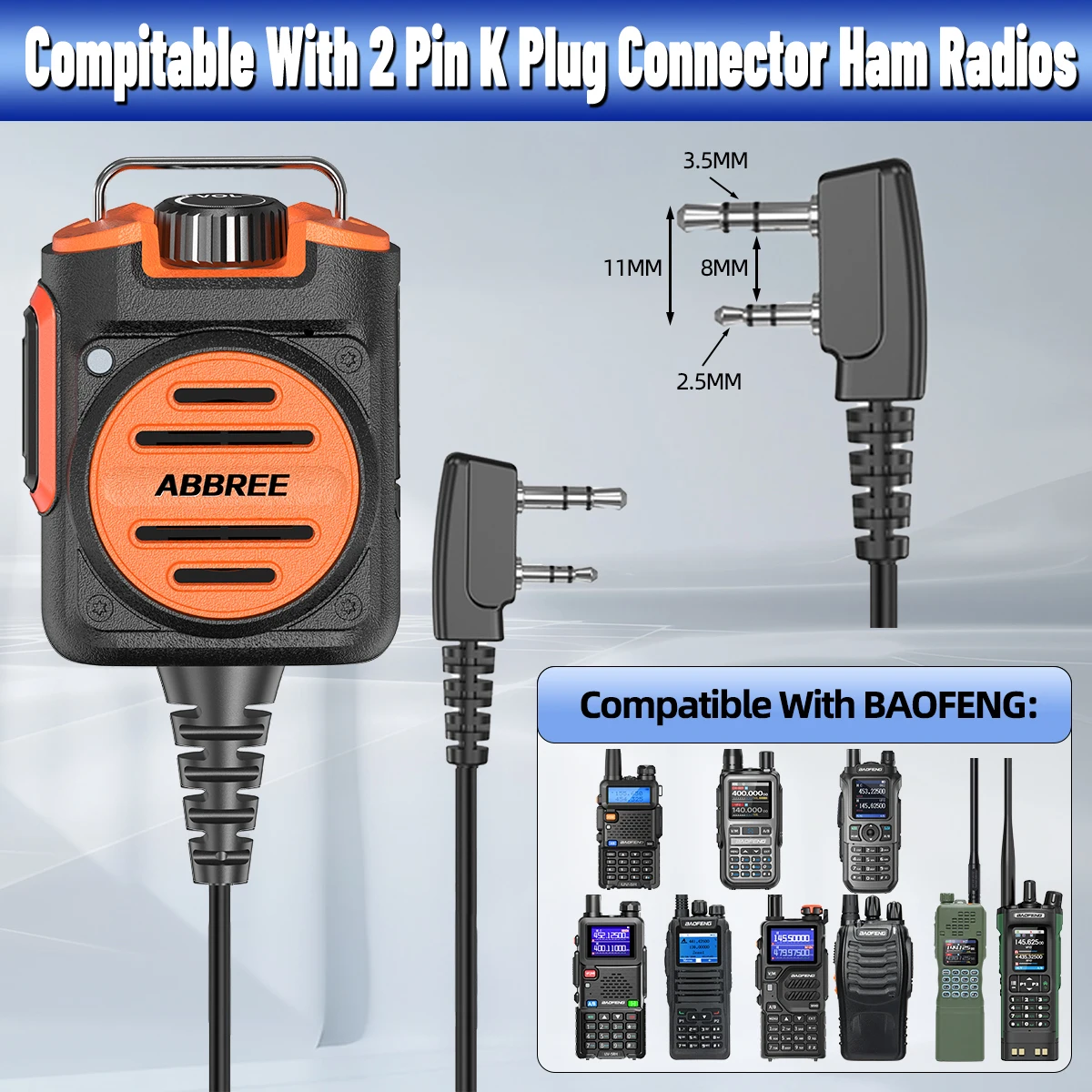 ABBREE AR-158 Walkie Talkie 2 Pin Speaker Mic Adjustable Volume for Baofeng UV-5R BF-888S UV-5RH 21 PRO DM-1701 AR-152 HAM Radio view 3
