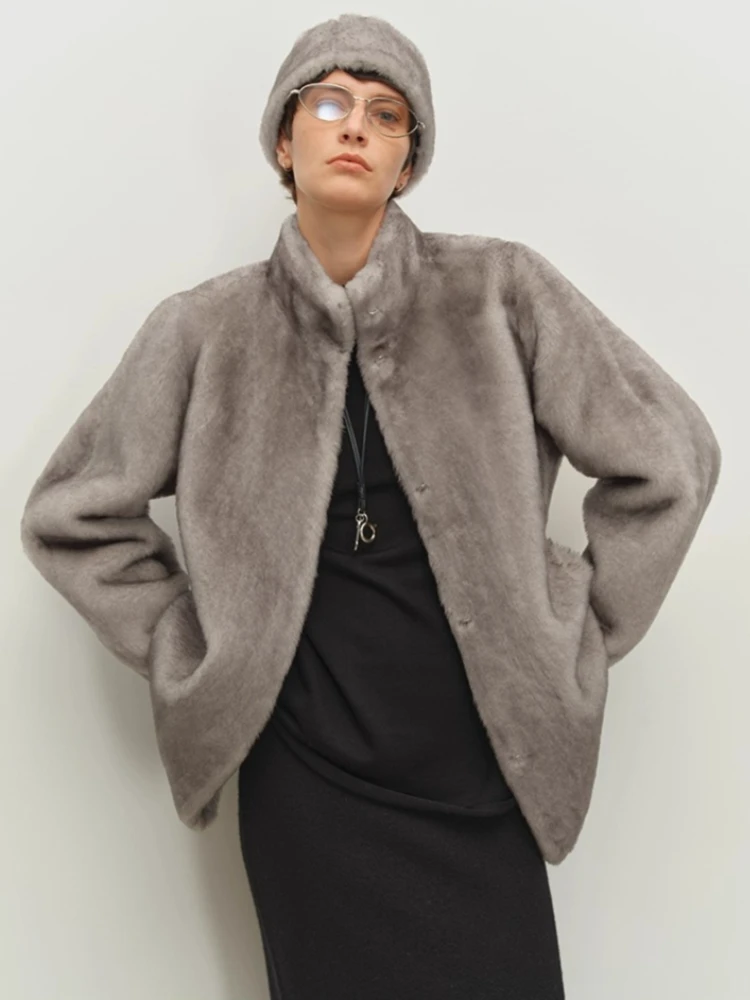 الراقية الفاخرة ميرينو الأغنام الفراء امبسوول الستر للنساء 2025 جديد بسيط الوقوف طوق الشتاء جلد طبيعي معطف الفرو الحقيقي #6