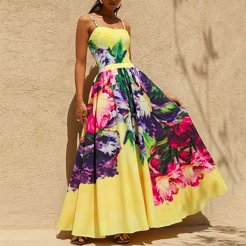 

Fashion Oil Paint Summer Swimwear Sexy Off Shoulder Sleeveless Bodysuit & Skirt Outfit Women Elegant Ruffle Bikini Cover Ups Set