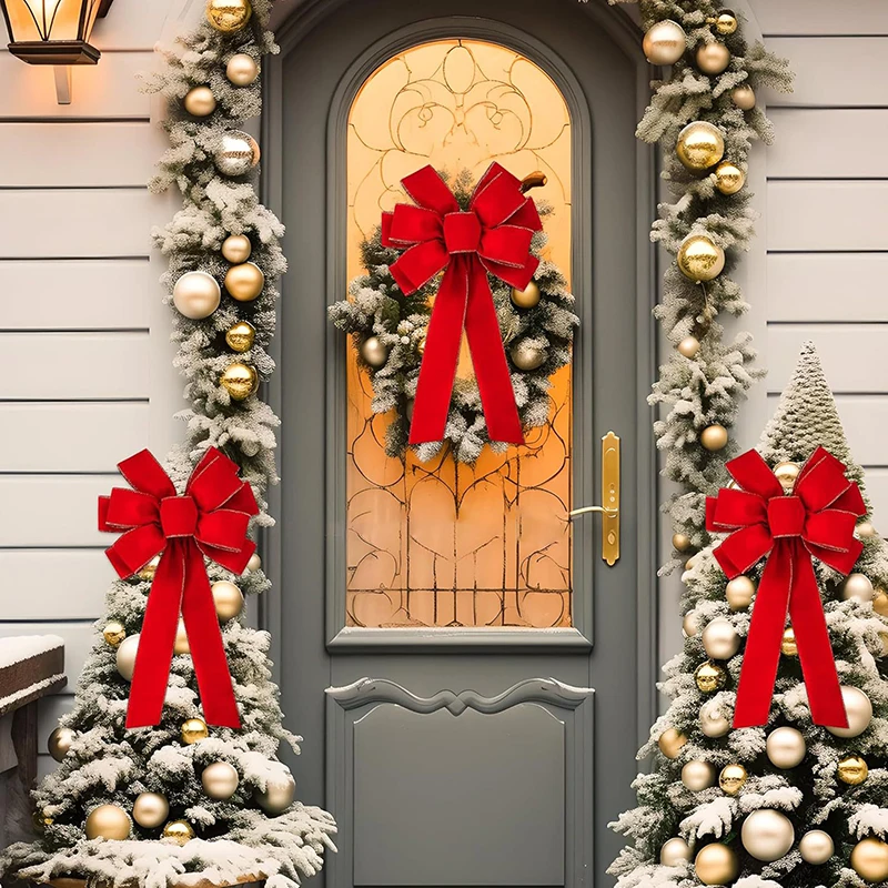 Noeuds de Noël rouges pour décorations extérieures, grand arc d'arbre de Noël, couronne de velours avec paillettes, bord doré, décoration de porte d'entrée