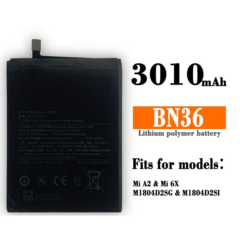 

Replacement Battery BN36 3010 MAh For Xiaomi Mi6X Mi 6X MiA2 Mi A2 High Quality Phone Replacement Batteries