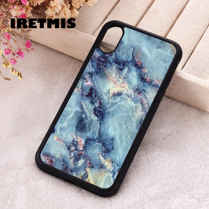 Iretmis Phone Cover Case For iPhone X XS Max XR 11 12 13 PRO MINI 14 15 16 Plus Rubber Silicone Blue Marble