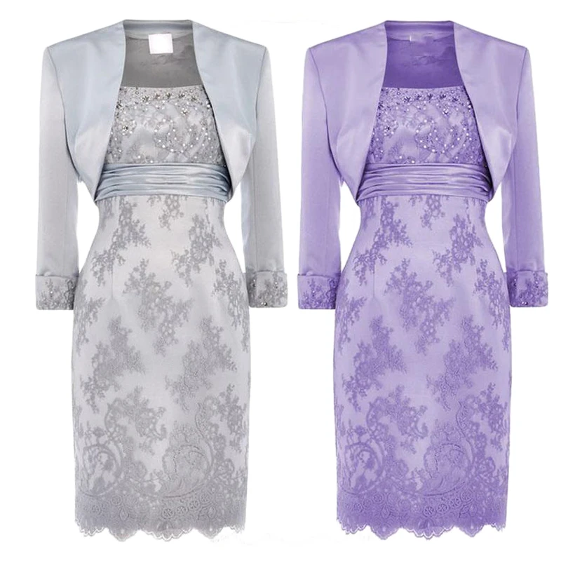 A Line Lace Satin Short Sleeve Scoop Beading Mother Of The Bride Dress Outfits Evening Formal Prom Knee Length With Free Jacket