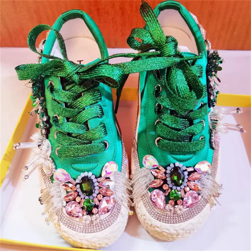 Sequin tassel rhinestone three-dimensional flower canvas shoes hand-customized green flower satin top sports women's shoes 35-40