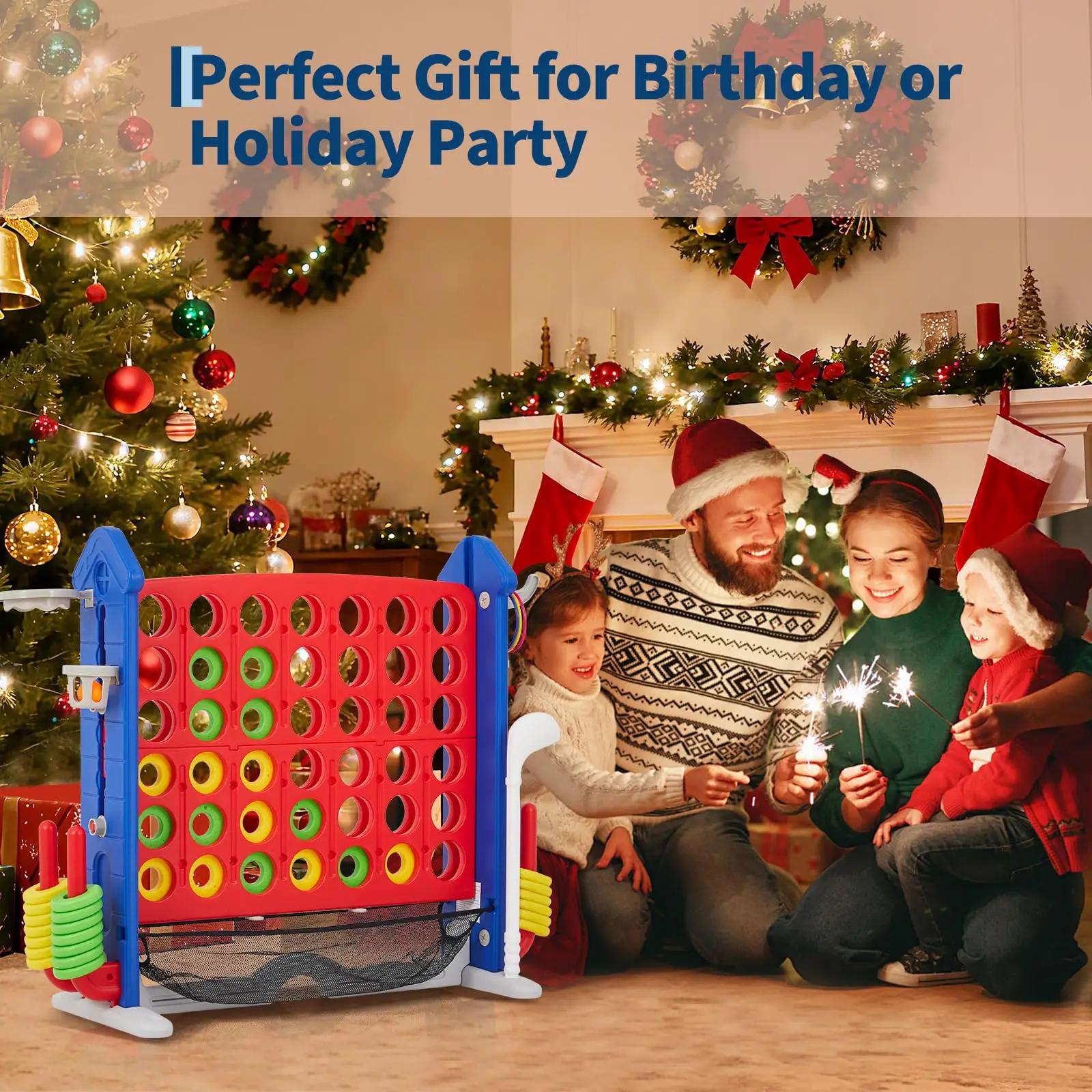 3.5ft Giant 4-in-a-Row Floor Game Set, 4-in-1 Jumbo Connect Game with 3-Level Height Adjustable Stand, Includes Golf, Basketball & Ring Toss, Portable Carry Bag for Indoor & Outdoor - view 3