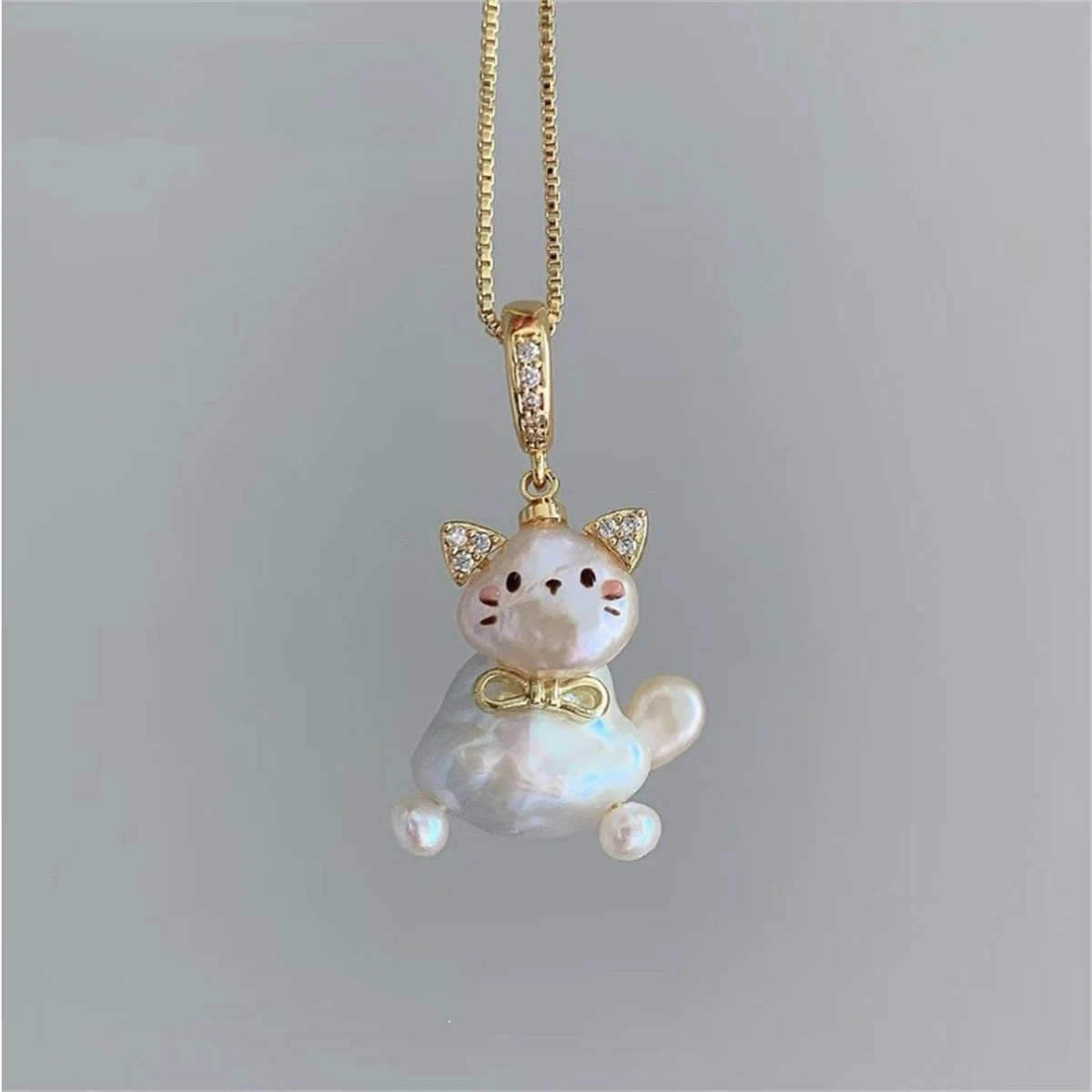 Niedliche Barock-Perlen Katzen-Anhänger Halskette Kawaii Tier Schleife Kätzchen Halskette Damen Mode Schmuck Geschenk – Detail 6