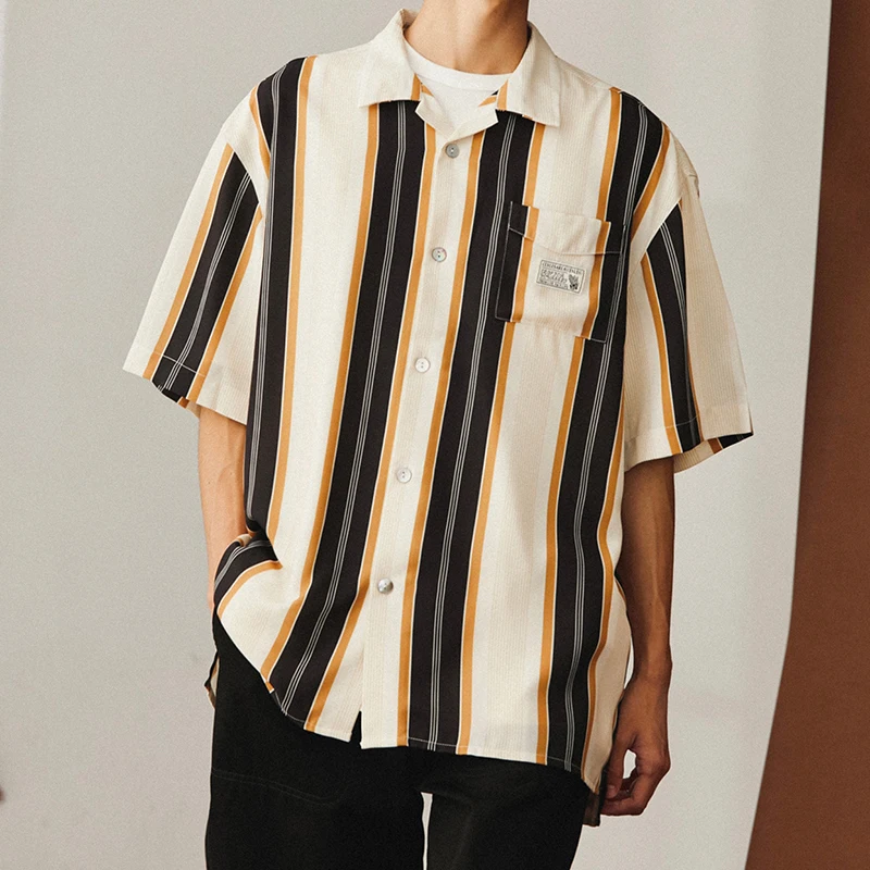 

2024 Summer New Casual Shirts Men Short Sleeve Buttoned Turn-down Collar Oversize Shirt For Mens Trendy Striped Printing Shirts