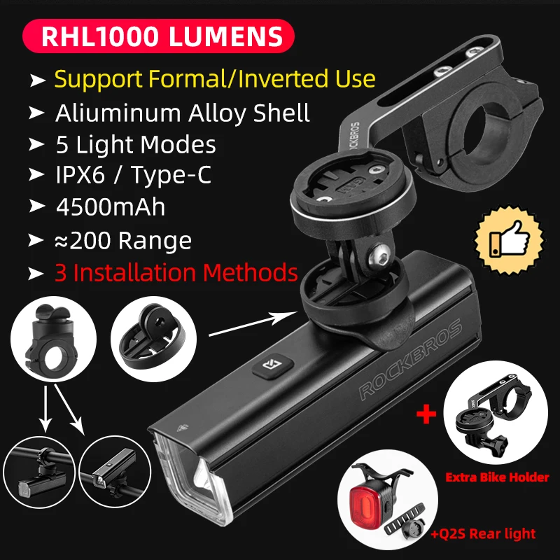 ROCKBROS 1000LM Bicycle Light Waterproof Bike Light Front Lamp Rechargeable Cycling Headlight Aluminum Flashlight