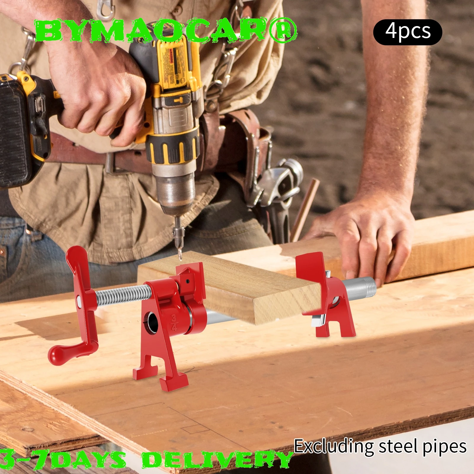 

Wood Gluing Pipe Clamp, 4 Sets 3/4" with Spring Lever, Cast Iron Red Coated for Cabinet Woodworking, Fast Clamping & Release