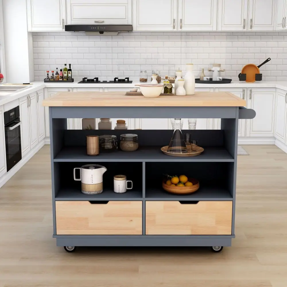 Rolling Kitchen Island com Armazenamento, Carrinho de dois lados Kitchen Island sobre rodas com tampo de madeira, Wine and Spice Rack