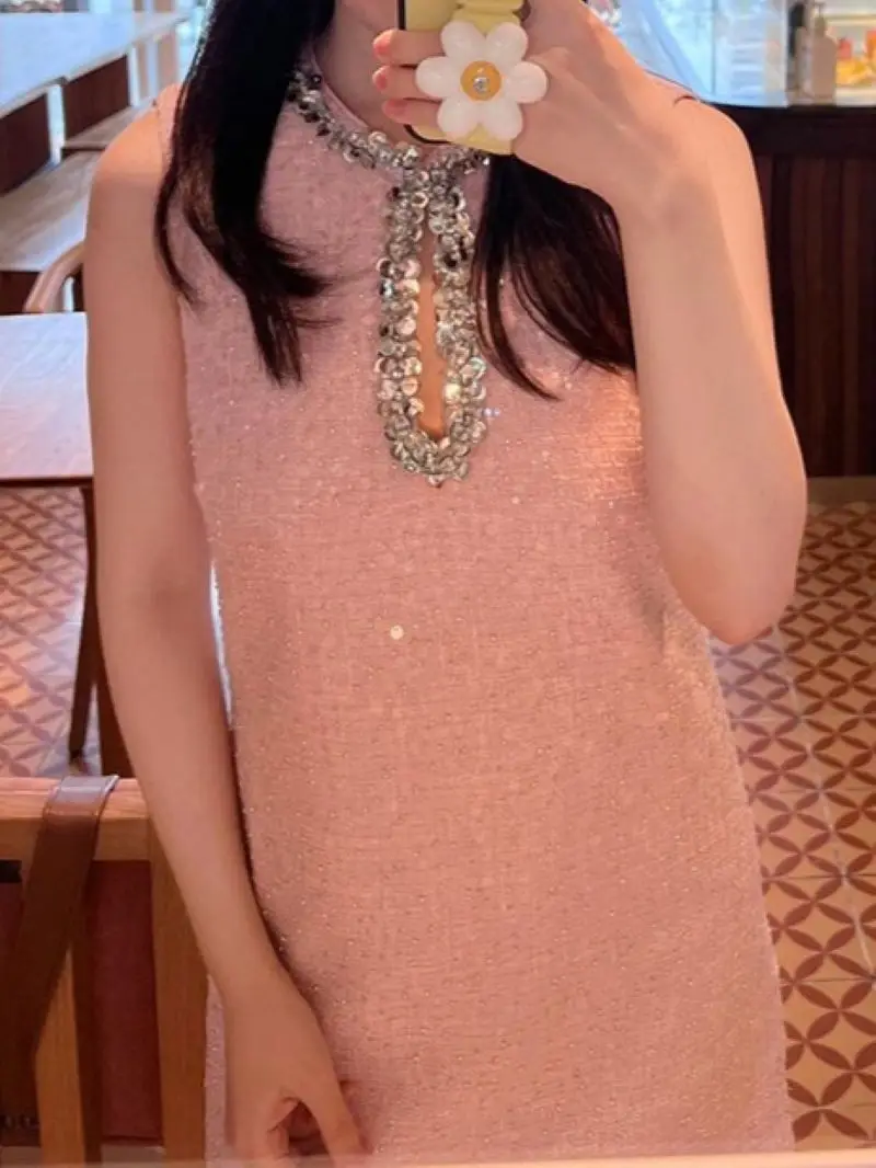 Women Pink Mini Dress Sequin Beaded Hollow Out Round Neck Sleeveless Sweet Autumn 2024 Short Robe