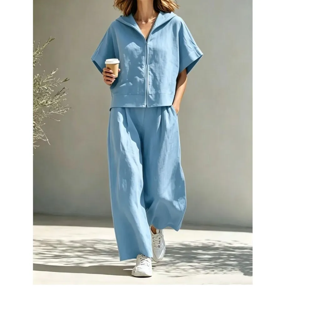 Summer New Women Short Sleeved Hooded Sweatshirt Pants Set Fashion Zippered Blouse Casual Loose-Fitting Wide Leg Pants FemaleSet