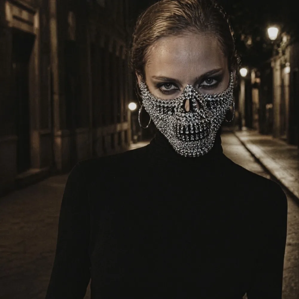 

Gothic Full Rhinestone Half Face Skull Mask Punk Rock Style Cosplay Mask Handcrafted Shining Masquerade Mask Music Festival