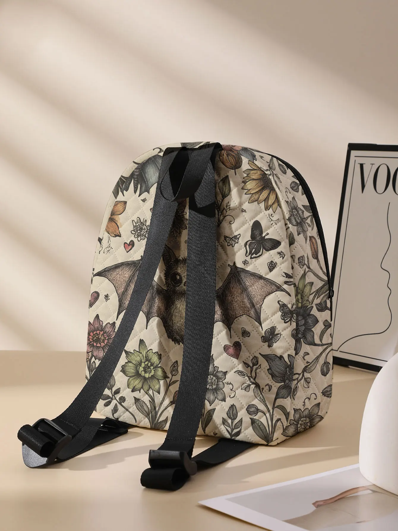 Batflower Butterfly Printed Quilted Compact Backpack, Suitable for Outdoor, Travel, Campus, and Daily Use by Both Men and Women