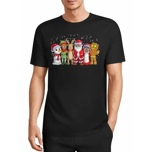Multifunctional Christmas Characters Snowman Elf Reindeer Black Santa Claus Gingerbread Man Cartoon Print Black T-Shirt