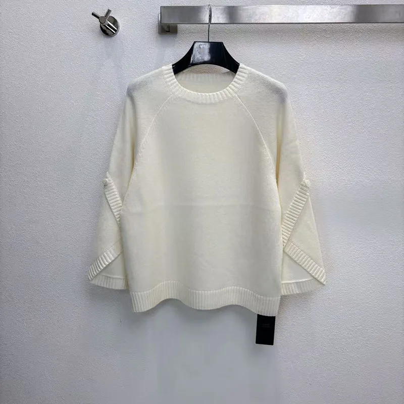 Damski sweter z wełny i kaszmiru, okrągły dekolt, unikalne rękawy zapinane na guziki, stylowy i uniwersalny pulower, sezon jesienny, nowy.