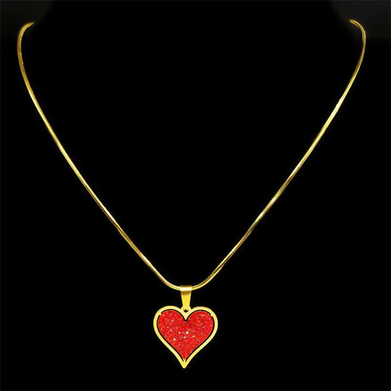 Elegant Red Crystal Love Heart Necklace for Women Girl Stainless Steel Gold Color Exquisite Choker Chain Jewelry 8334-QKC