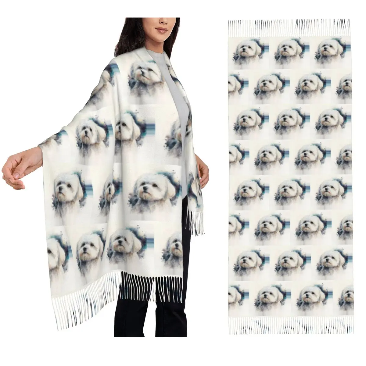 

Maltese Dog Art Scarf Tassel Scarves for Women Soft Warm Shawls and Wraps Large Fall Winter Shawl Wrap