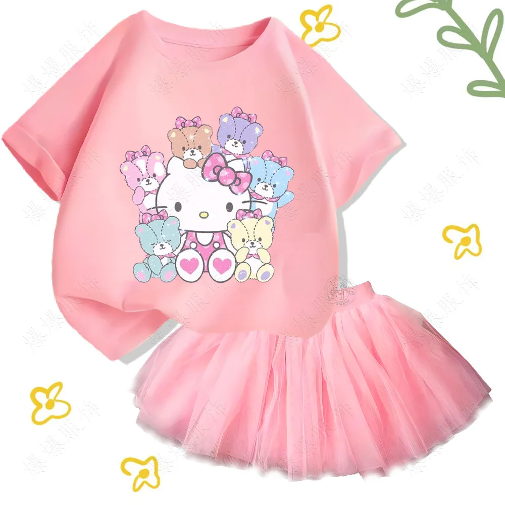 Children\'s clothing Cotton T-shirt sets cartoon print Hello kitty fashion cute tops and girls two-tone puffy tulle skirt dress