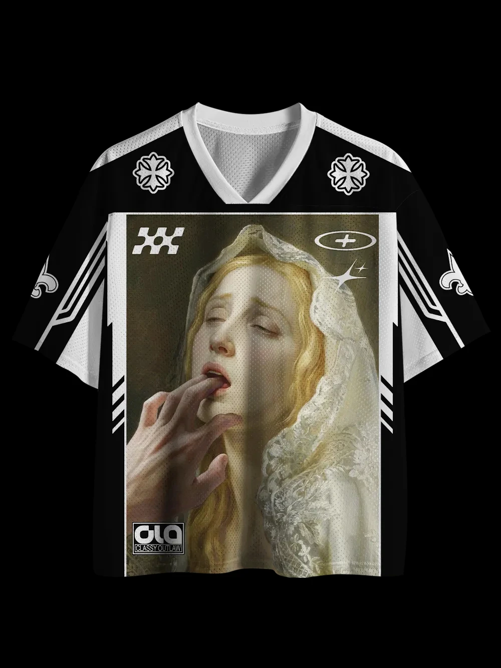 Popular V‑Neck Mesh Sports Jersey Renaissance Religious Icon Vintage Racing Dark Academia 77 Graphic Print Short Sleeve Tops