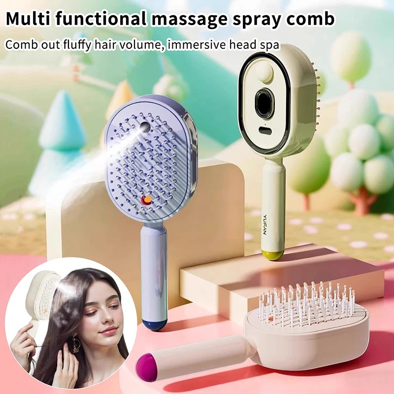 Electric Spray Air Cushions Massage Comb 3 in 1 Self Cleaning Steam Essential Oil Brush Rechargeable Spray Scalp Massager Combs