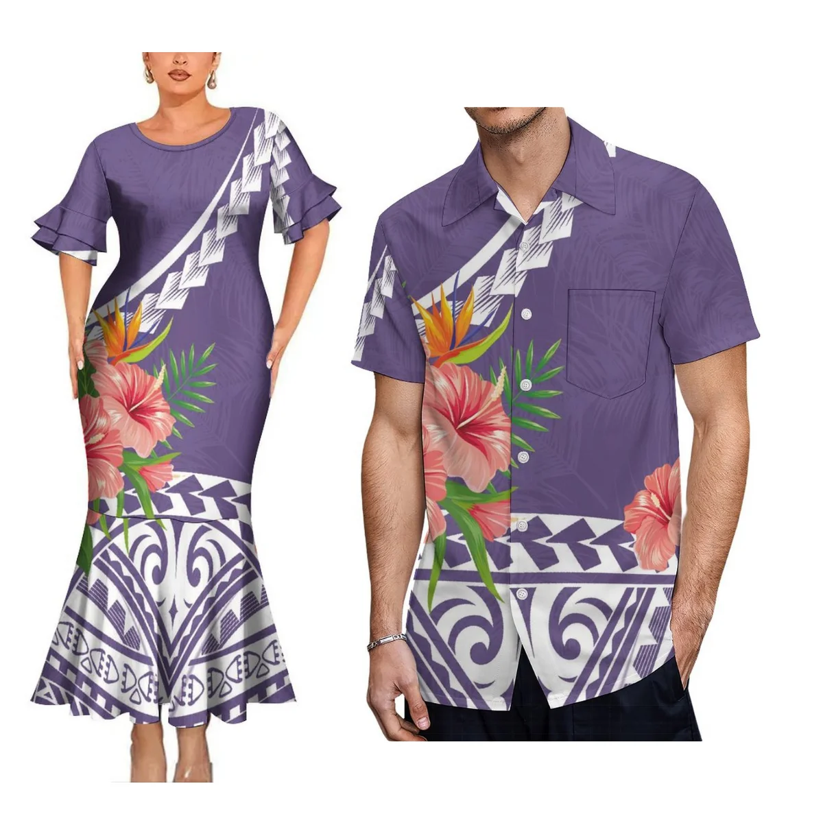 Polynesian Island mit Paaranzug Samoa-Fiji Elegantes Damen-Kurzarmkleid Slim-Fit-Fischschwanzkleid mit Herrenhemd