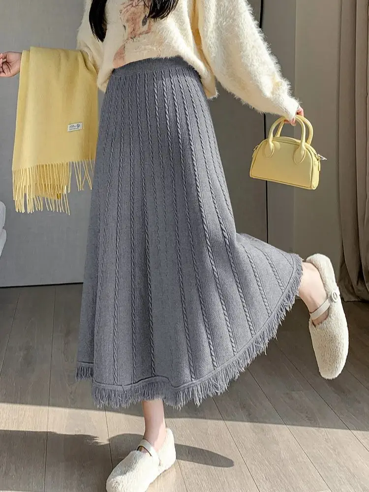 Knitted Thicken Skirts For Women 2024 New Autumn Winter A-Line Style Solid Color High Waist Long Skirt With Tassel