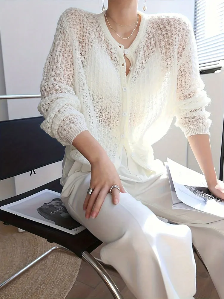 

Pop High Quality Hot Sale Hollow Round Neck Knit Sweater Jacket Spring Fall Elegant Women's Long-Sleeve Blouse Cardigan With But