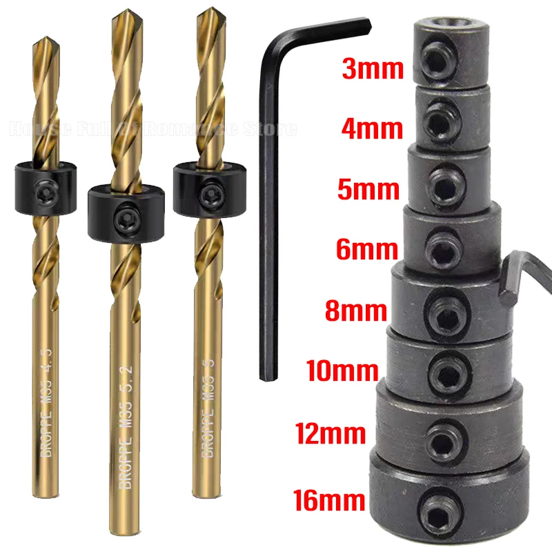 Conjunto de Colares Limitadores de Profundidade para Brocas de 3-16MM, Posicionador Ajustável, Anel Limitador, Parafusos de Fixação com Chave Allen, Ferramenta para Marcenaria