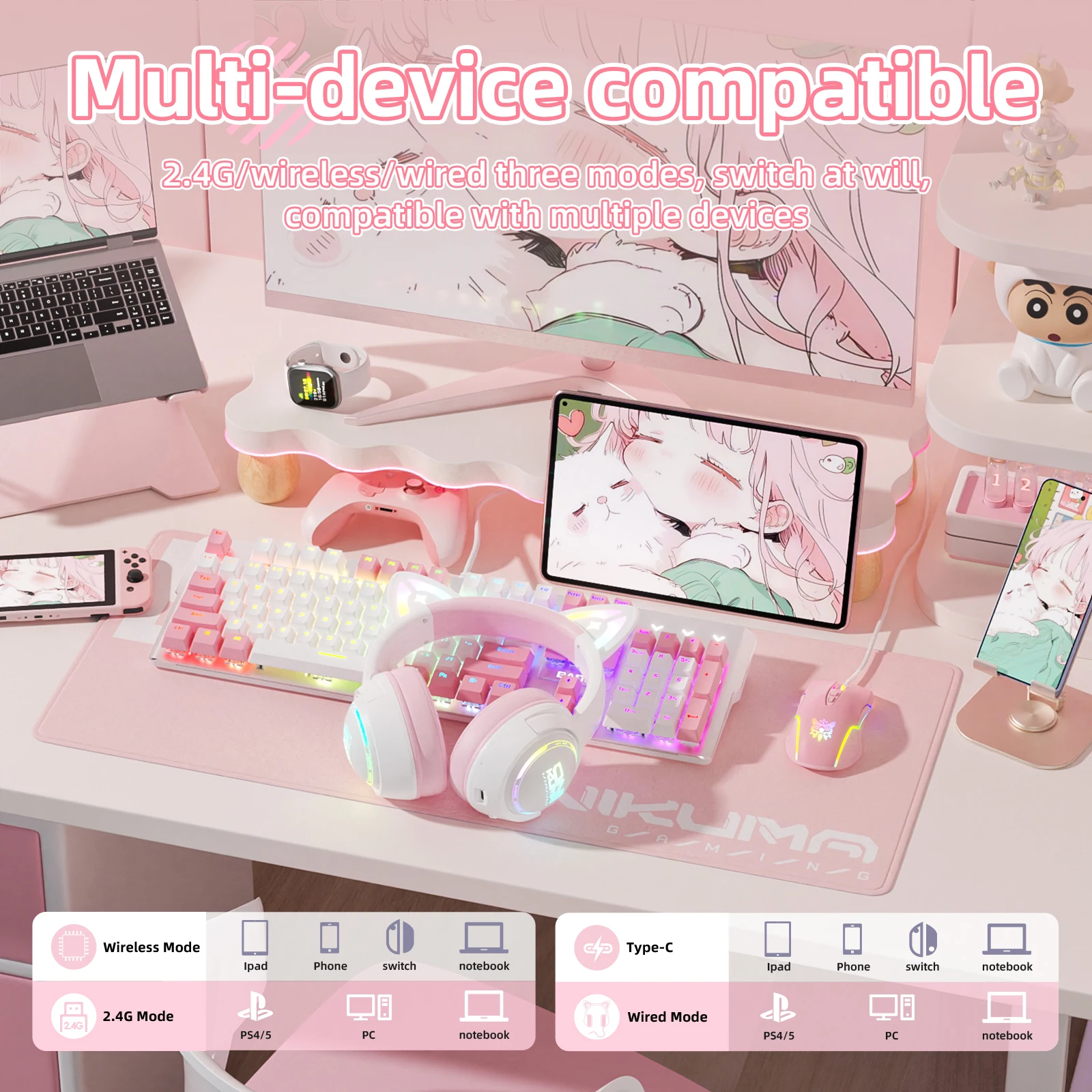 ONIKUMA GT838 سماعة الألعاب سماعة رأس ستيريو مع ميكروفون RGB الإضاءة لطيف ثلاثية الأبعاد الكرتون لباد اللوحي PS4