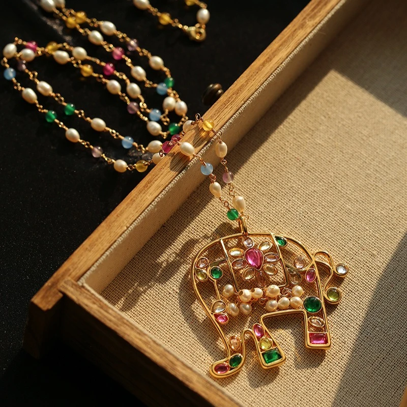 Europe America Colorful Gemstones Glass Pearl Top Quality Elephant Necklace Women Luxury Jewelry Trend