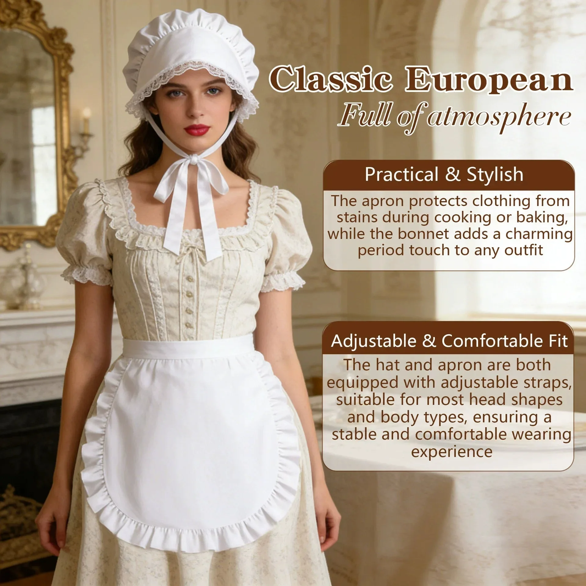 White Retro Baking Set Apron Lace Hat and Pleated Ruffled Maid Apron for Woman Coffee Shop Workwear Halloween Cosplay