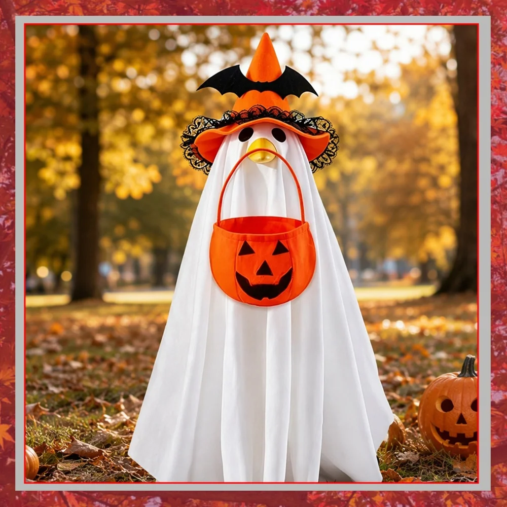 Halloween Ghost Goose Costume Set With Witch Hat Pumpkin Candy Bag Spooky Outdoor Yard Lawn Decoration Prop