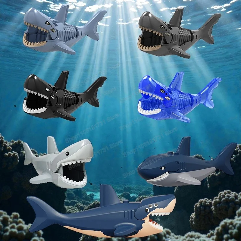 Figurines de construction de requins de dessins animés d'anime, accessoires, blocs de construction assemblés, mini jouets pour enfants, collection de poupées, cadeaux K2260 XP582
