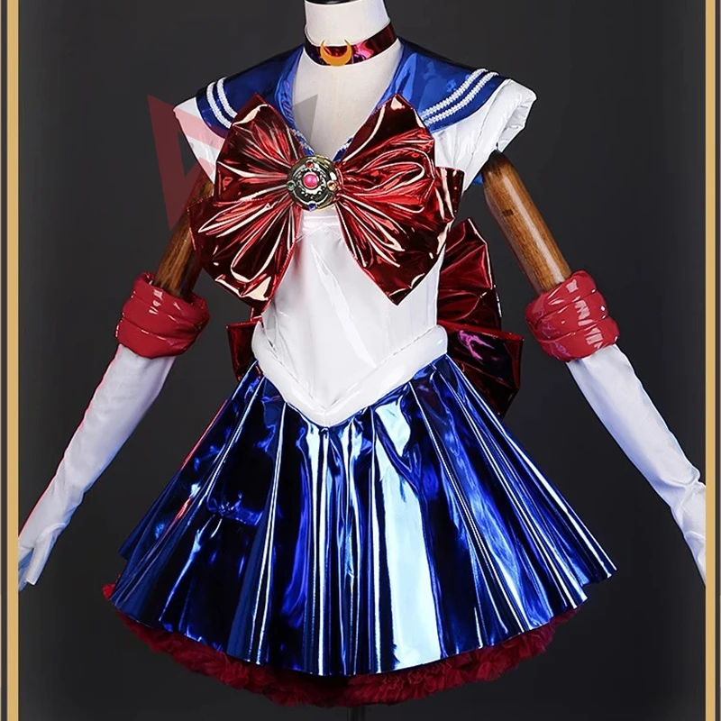 New Anime Usaging Sailor Cosplay Costume Leather Blue Skirt Jumpsuit Gloves Necklace Brooch To Choose Set Custom Made