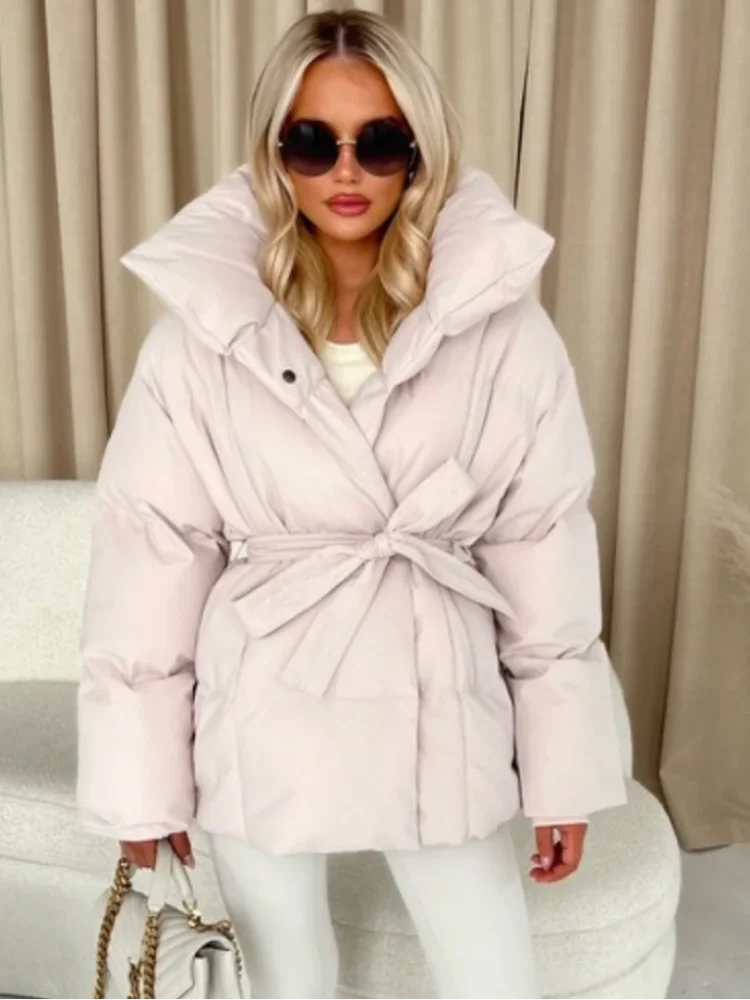 

Fashion Lace Up Cotton Jacket Women Casual Stand Collar Single Breasted Pocket Loose Outerwears Lady Winter Daily Street Jackets