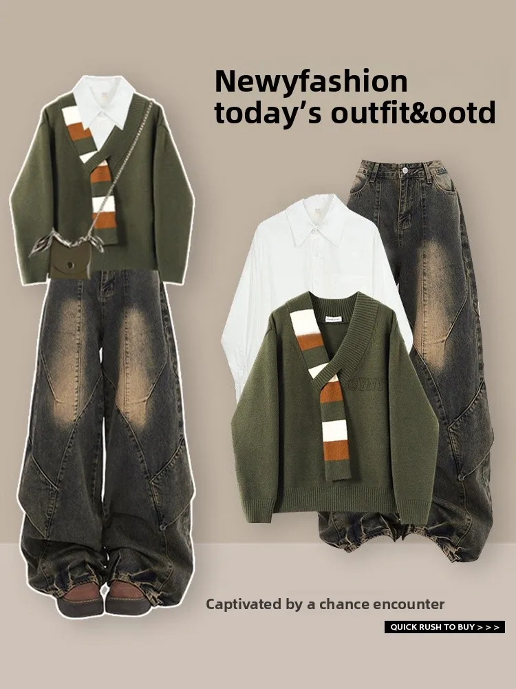 

Autumn Winter Knitted Three-Piece Set High Waist Straight Leg Jeans Inner Shirt Striped Patchwork Sweater Salt Series Fashion...