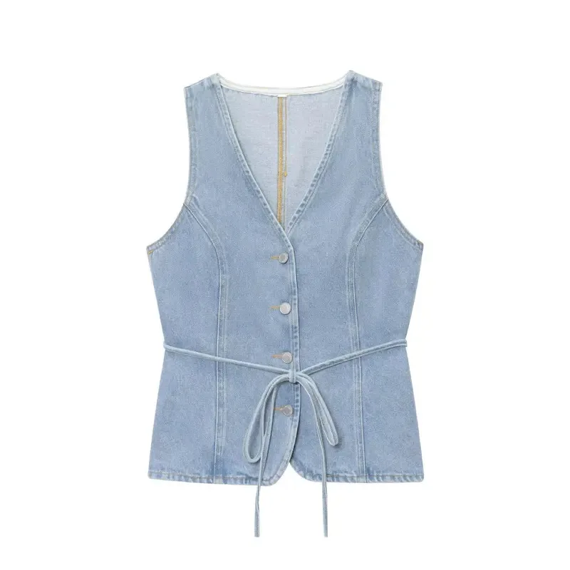 Retro Women's Two-Piece Suit Casual Wide-Leg Denim Trousers with V-Neck Vest And Waist Tie Commuter Wear for Women