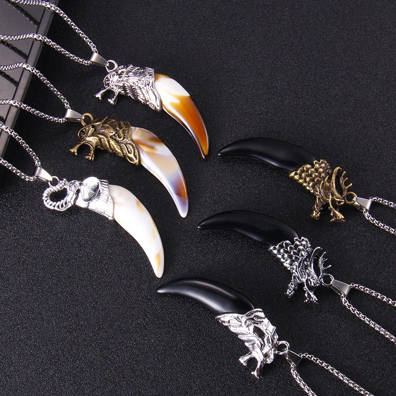 Ethnic Style Brave Men Wolf Loong Tooth Spike Pendant Necklace Stainless Steel Male Pendant Necklaces For Warrior Adult Ceremony