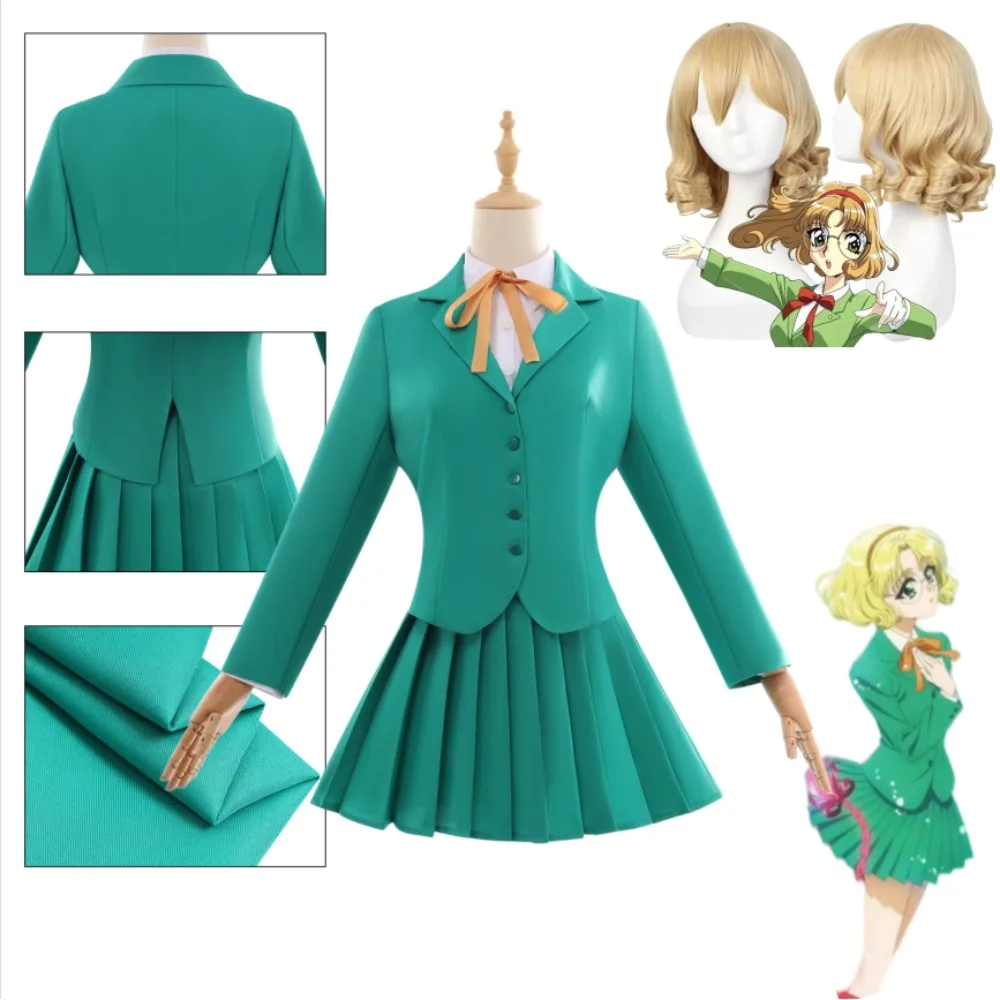 Fantasia de Cosplay do Cavaleiro Mágico Rayearth Fuu Hououji, Blazer Verde, Saia e Acessórios para Mulheres Adultas, Fantasia de Halloween e Comic Con