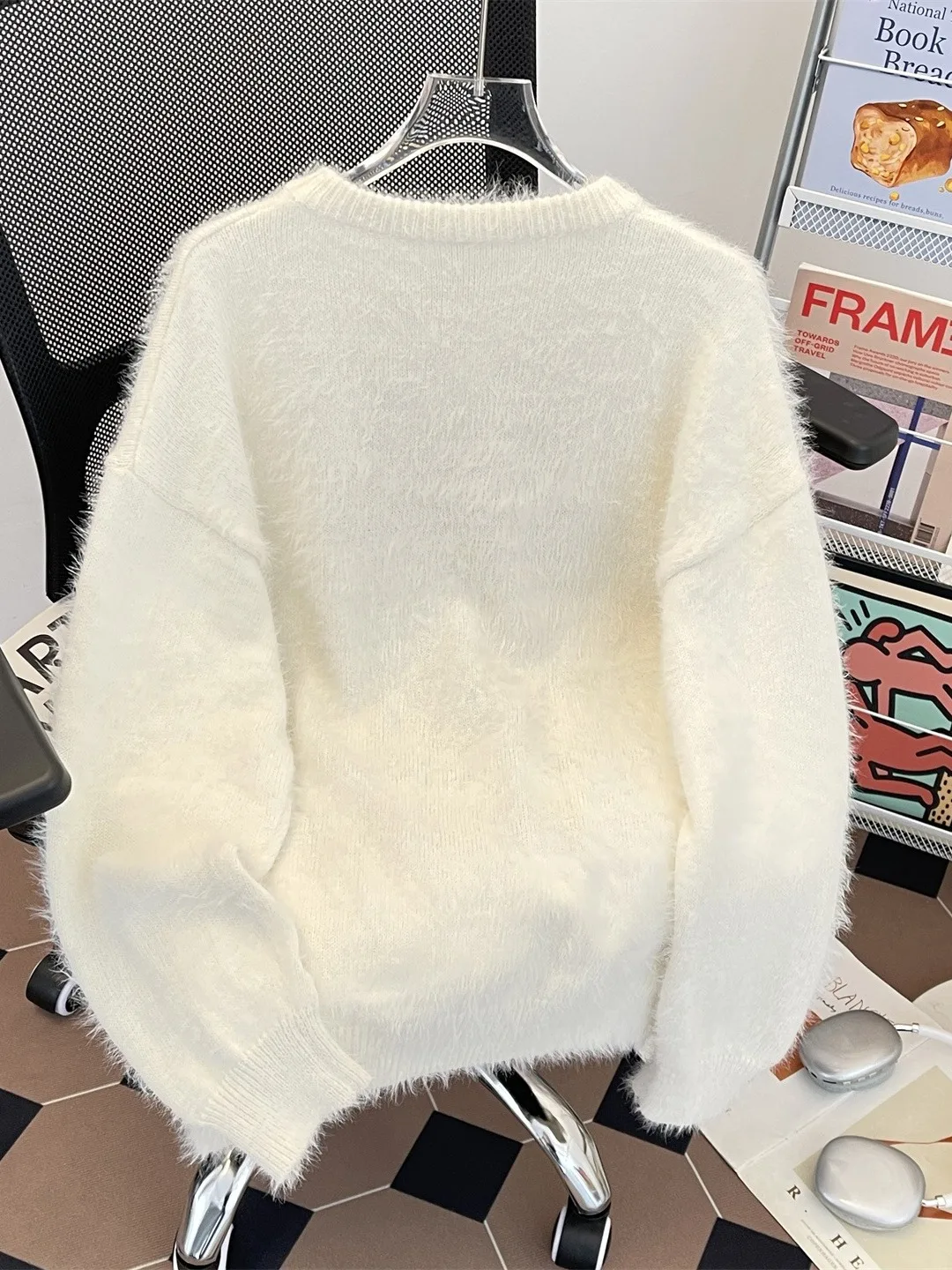 

American Sle Vintage Letter Mink Loose round Ne Knitted Sweater Couple's Autumn Winter Casual Faion Men Women Coat