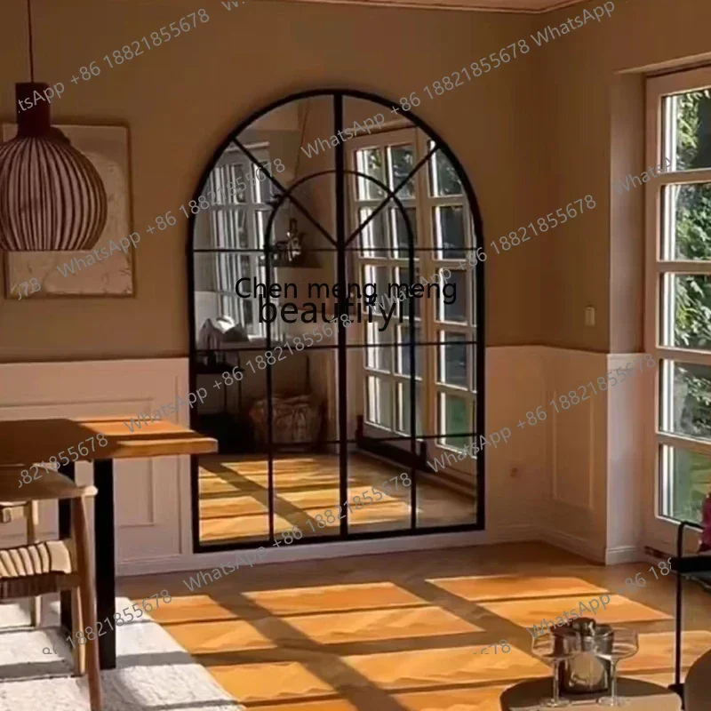 

cqyAmerican retro false window decorative mirror solid wood arch mirror living room can be wall hung, floor