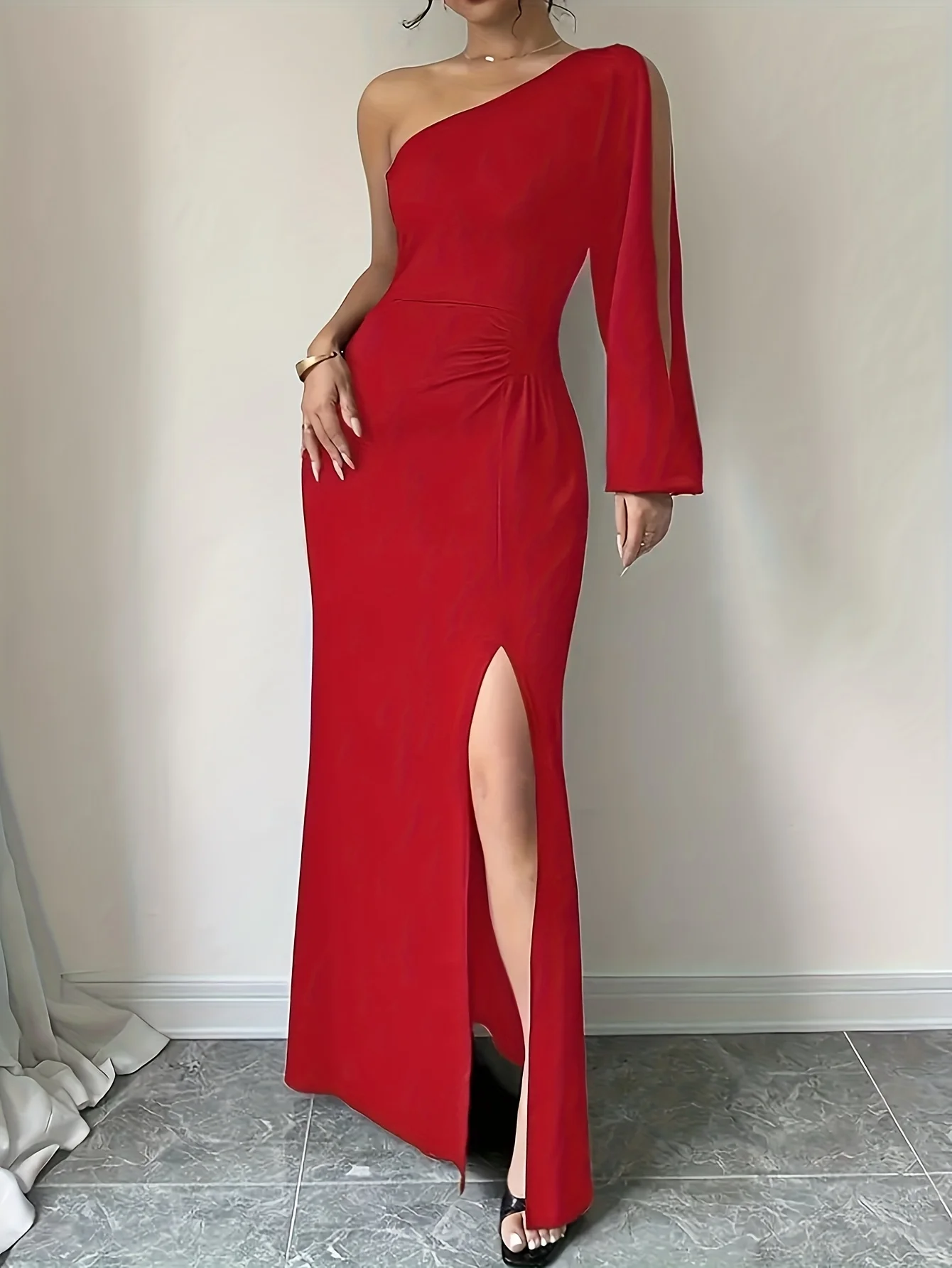 Summer Fashion, Elegant, Sexy Slit Hem, Solid Color, Tight Fitting, One Shoulder, Hollow Long-Sleeved Dress, Long Skirt