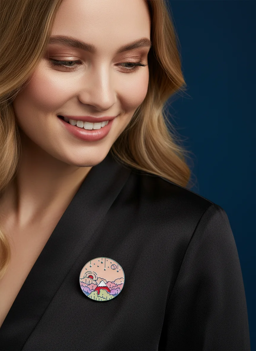 Funny Outdoor Sunrise Enamel Brooches Colorful Plated Wilderness Round Pins For Backpack Bag Badge