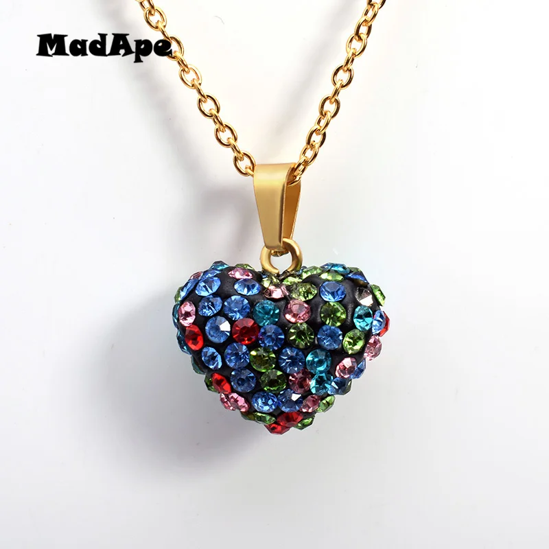 MadApe Multicolor Zircon Heart Pendant Necklace Stainless Steel Chain Choker Women Fashion Pendant & Necklace Jewelry Gold Chain