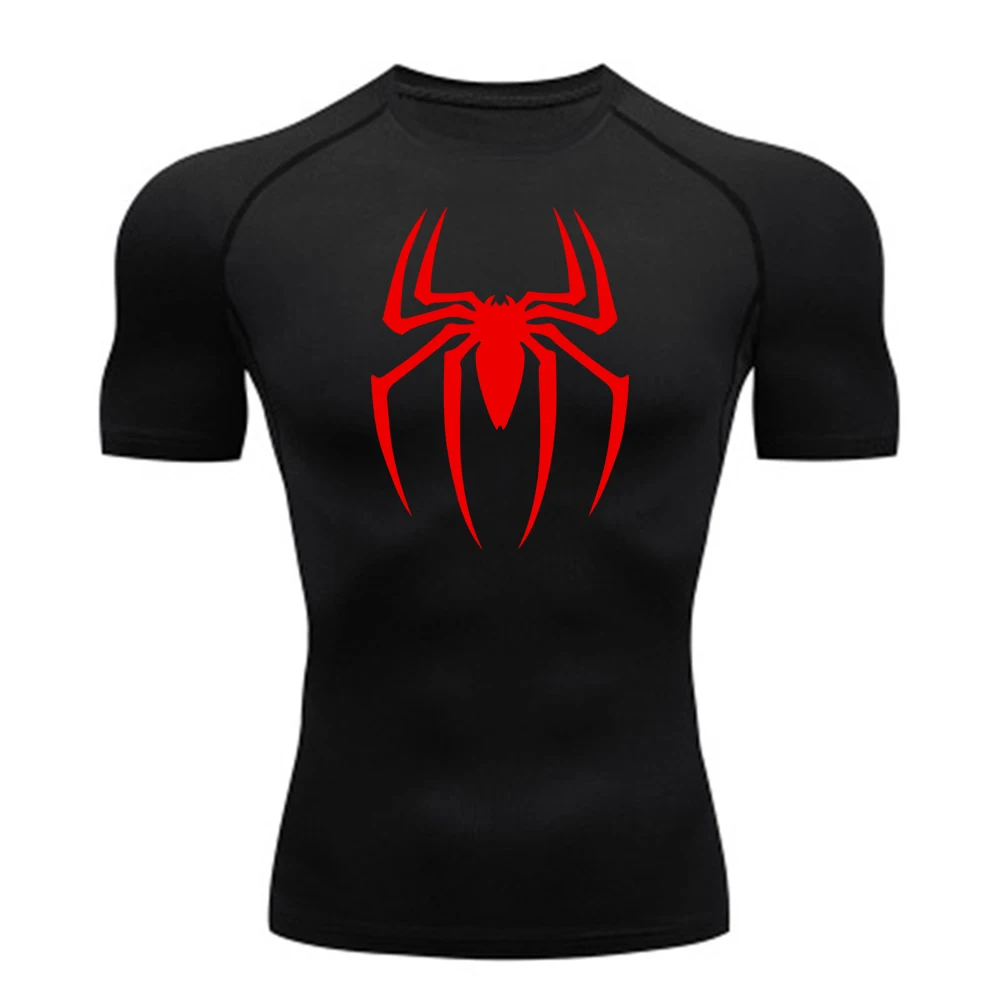 2024Men's Spider Print Compression Shirt, Quick Dry T-Shirt, Gym Running Jersey, Breathable Short Sleeve, Spring, Summer, M-3XL