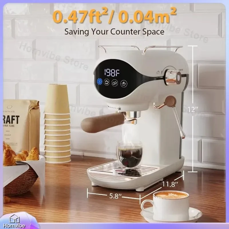 Semi-Automatic Espresso Machine 20 Bar with Steam Milk Frother Touch Screen Compact White Coffee Maker for Home Office